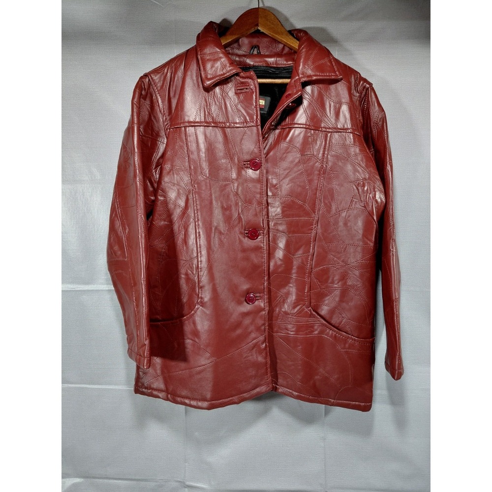 Vtg Tudor Court by Haband Patchwork Leather Coat XL‎ Maroon Red Removable Liner
